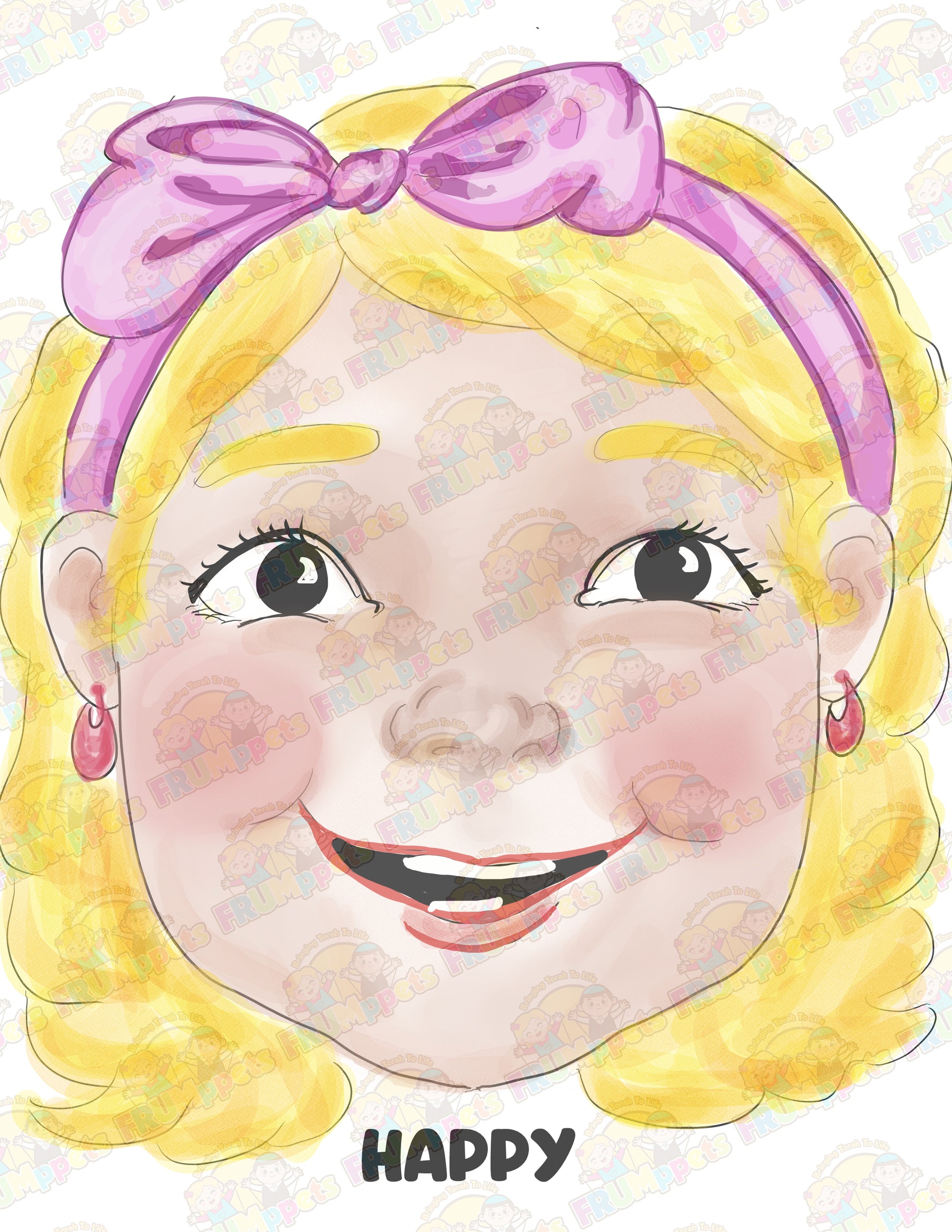 Cartoon face with blonde hair, pink bow, and earrings on a white background