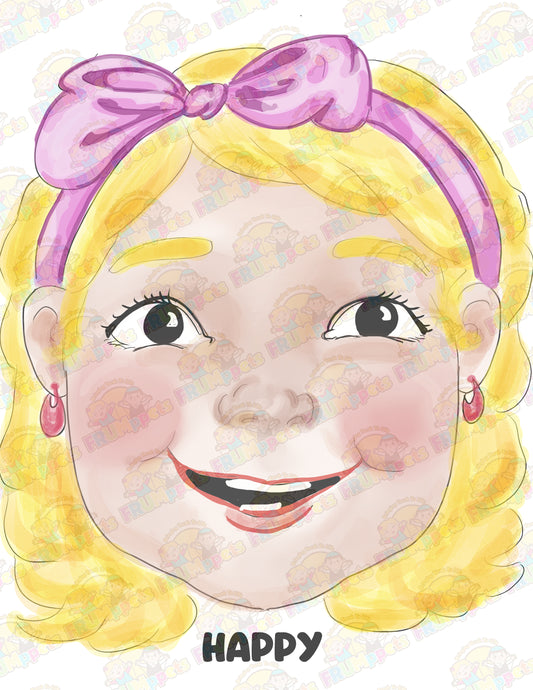 Cartoon face with blonde hair, pink bow, and earrings on a white background