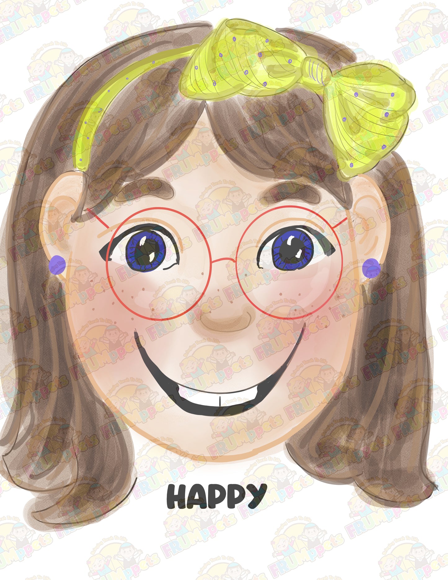 Illustration of a girl with glasses and a yellow bow, with the word 'Happy' below.
