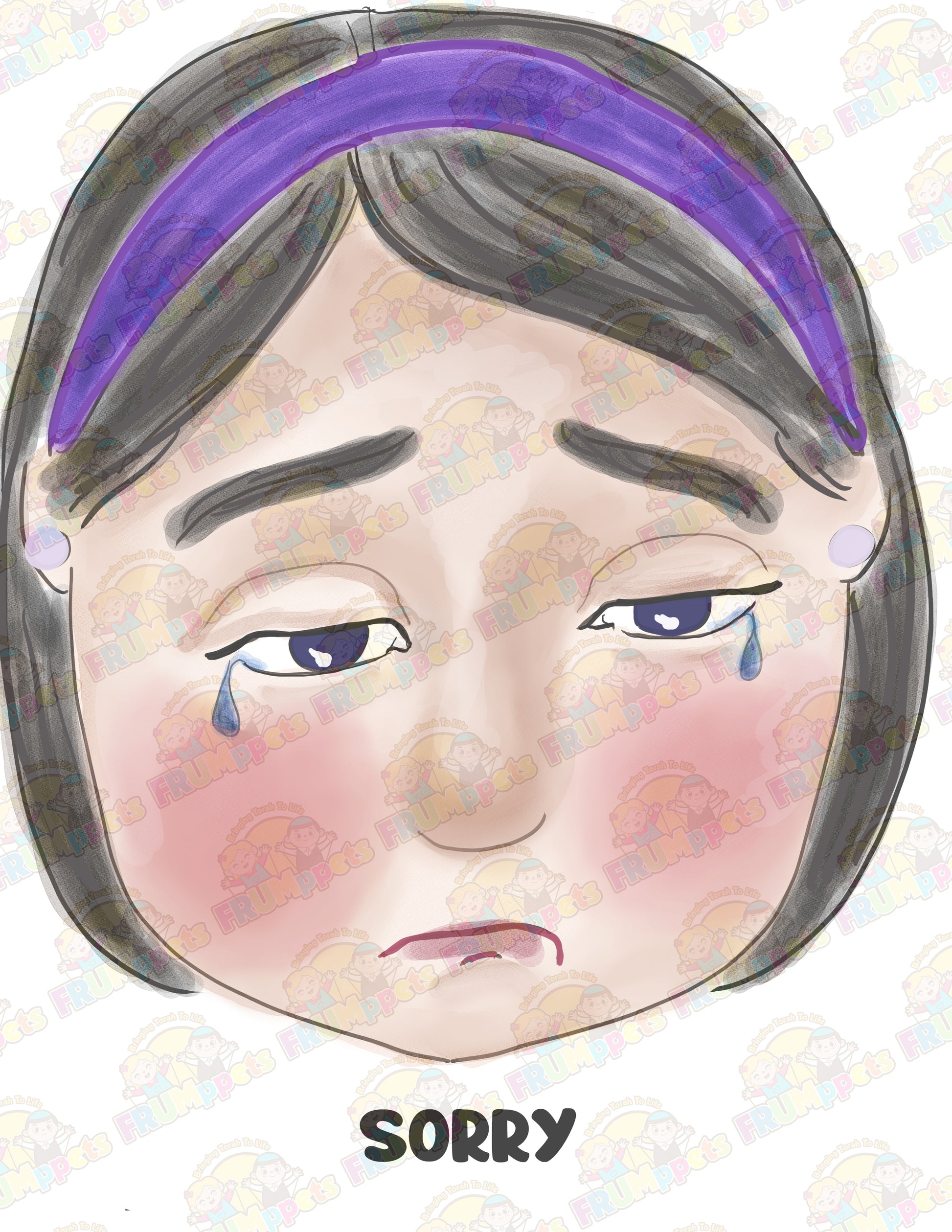 Illustration of a sad face with a purple headband and 'sorry' text on a white background