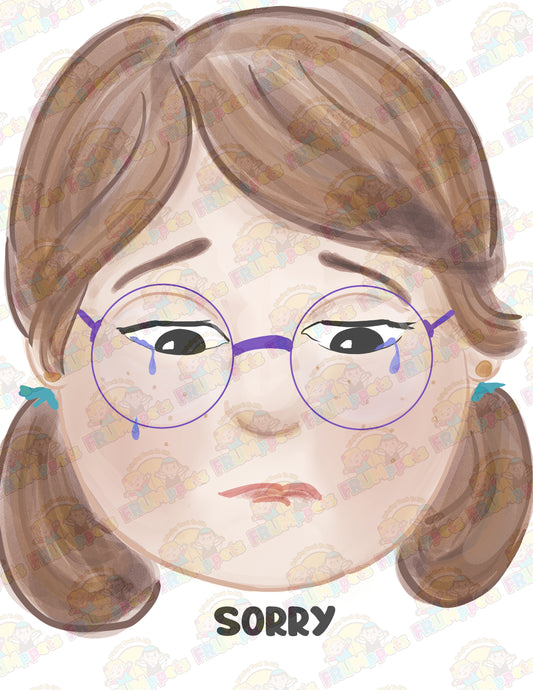 Illustration of a character with glasses and brown hair, crying, with the word 'SORRY' below.